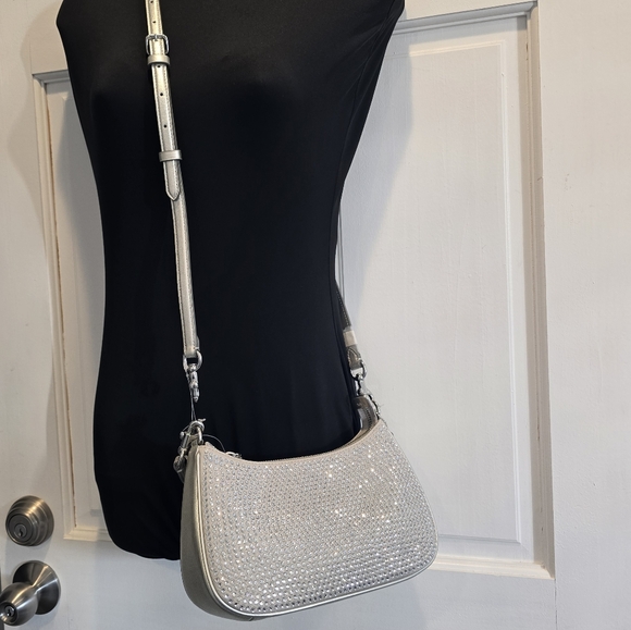 Coach Teri Mini Crystal Silver Metallic Leather Shoulder Crossbody Bag - Picture 2 of 14